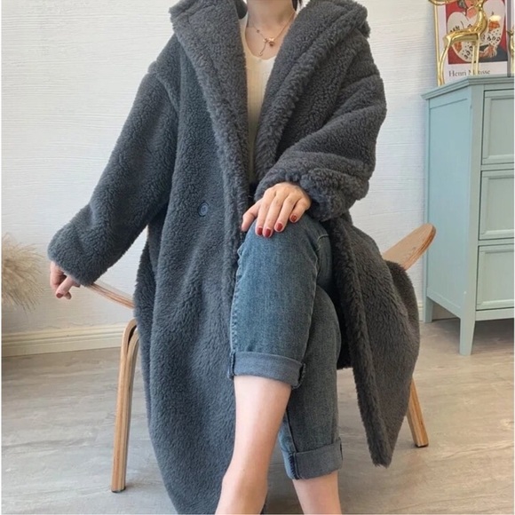 #18 Grey Gray Oversized Sherpa Plush Teddy Faux Fur Coat - Picture 7 of 12